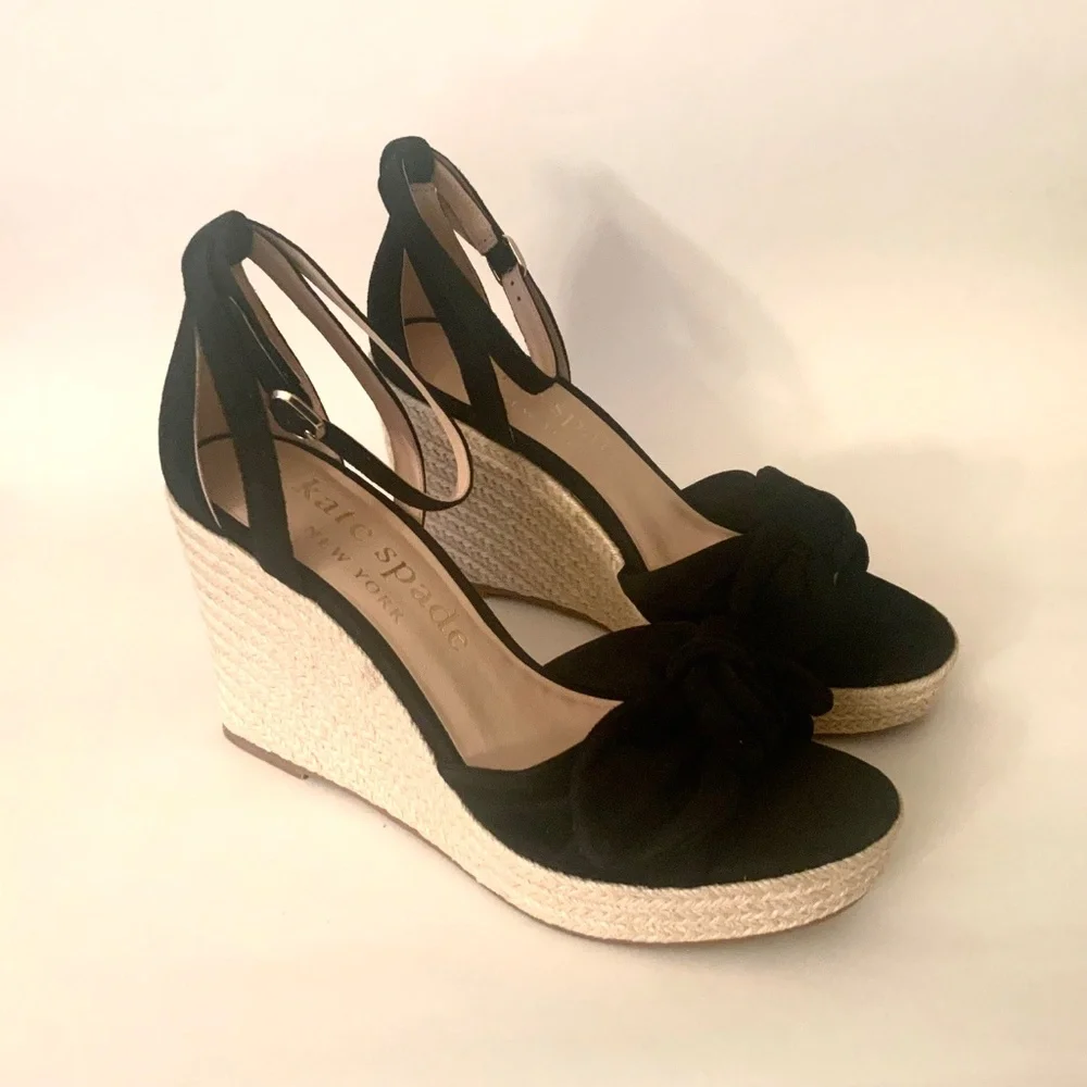Kate Spade Tianna Black Suede Espadrille High Wedge Platform Sandals Pumps 9.5